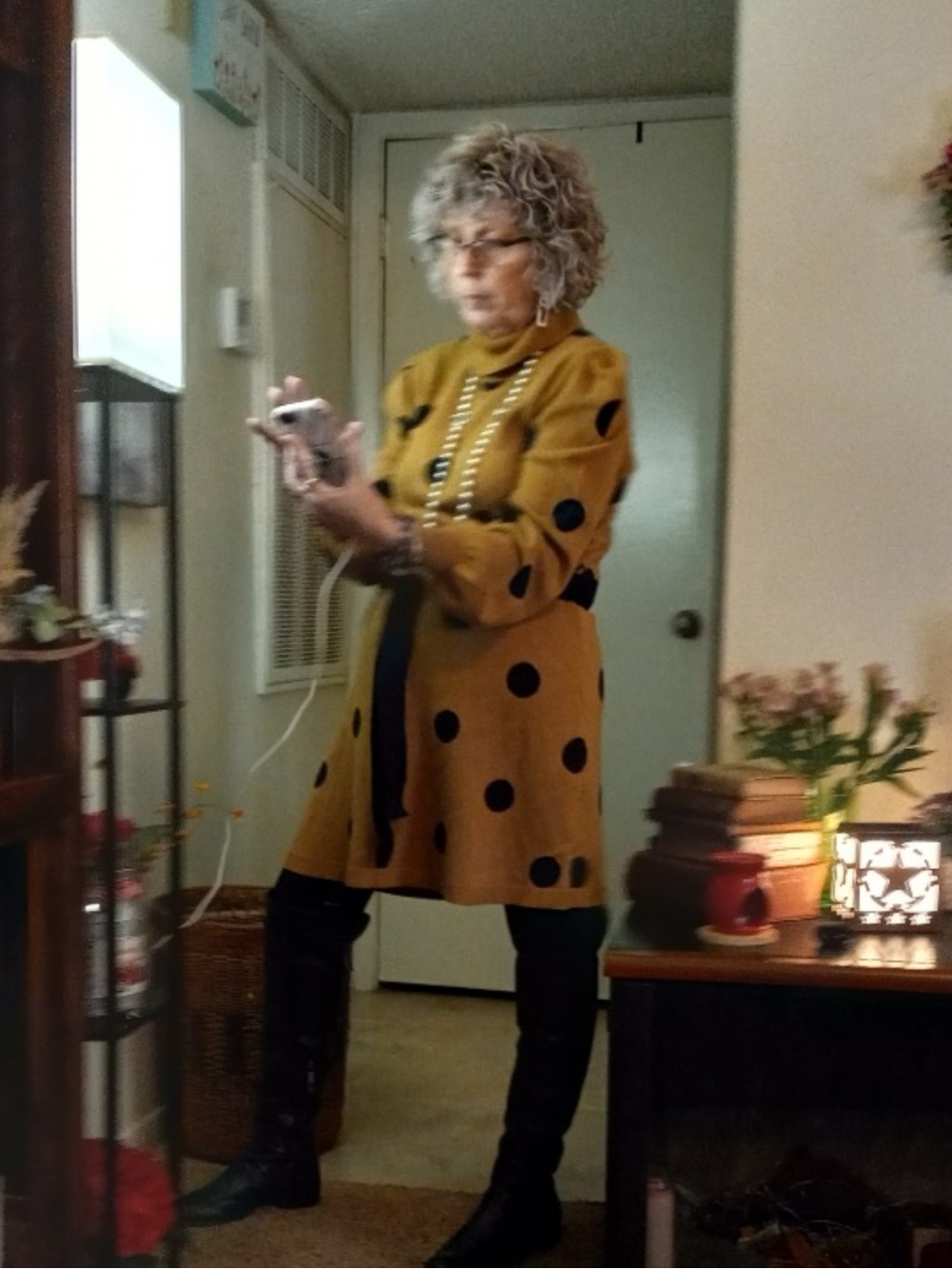 Who What Wear Caramel color Polka Dot Turtleneck Sweater Dress with Belt